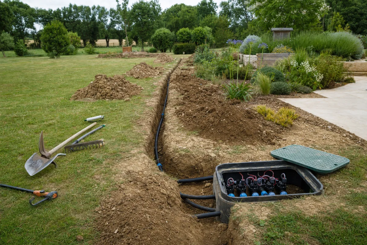 Réseau d’arrosage enterré avec électrovannes en cours d’installation dans un jardin de l’Aunis