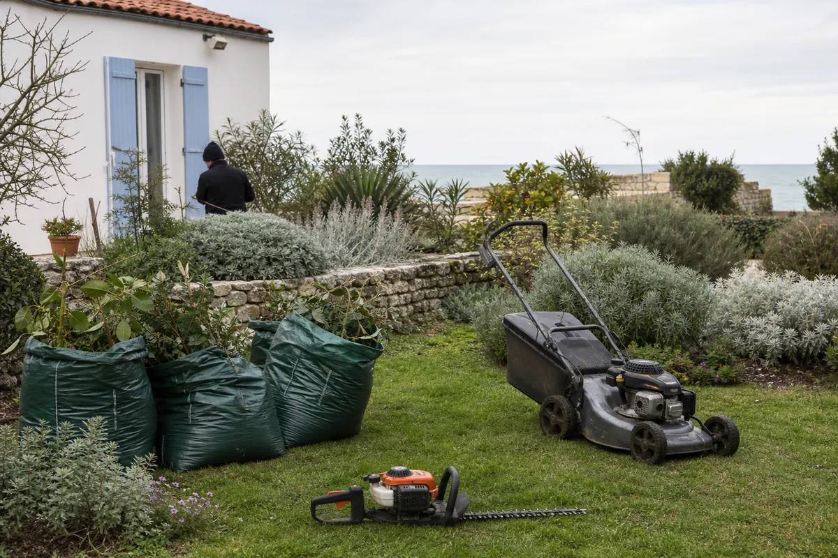 Jardinier tondant une pelouse et évacuant les déchets verts en Aunis
