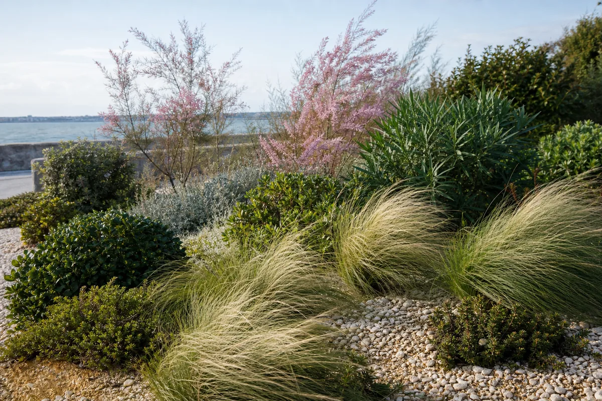 Massif de plantes résistantes aux embruns sur le littoral atlantique rochelais