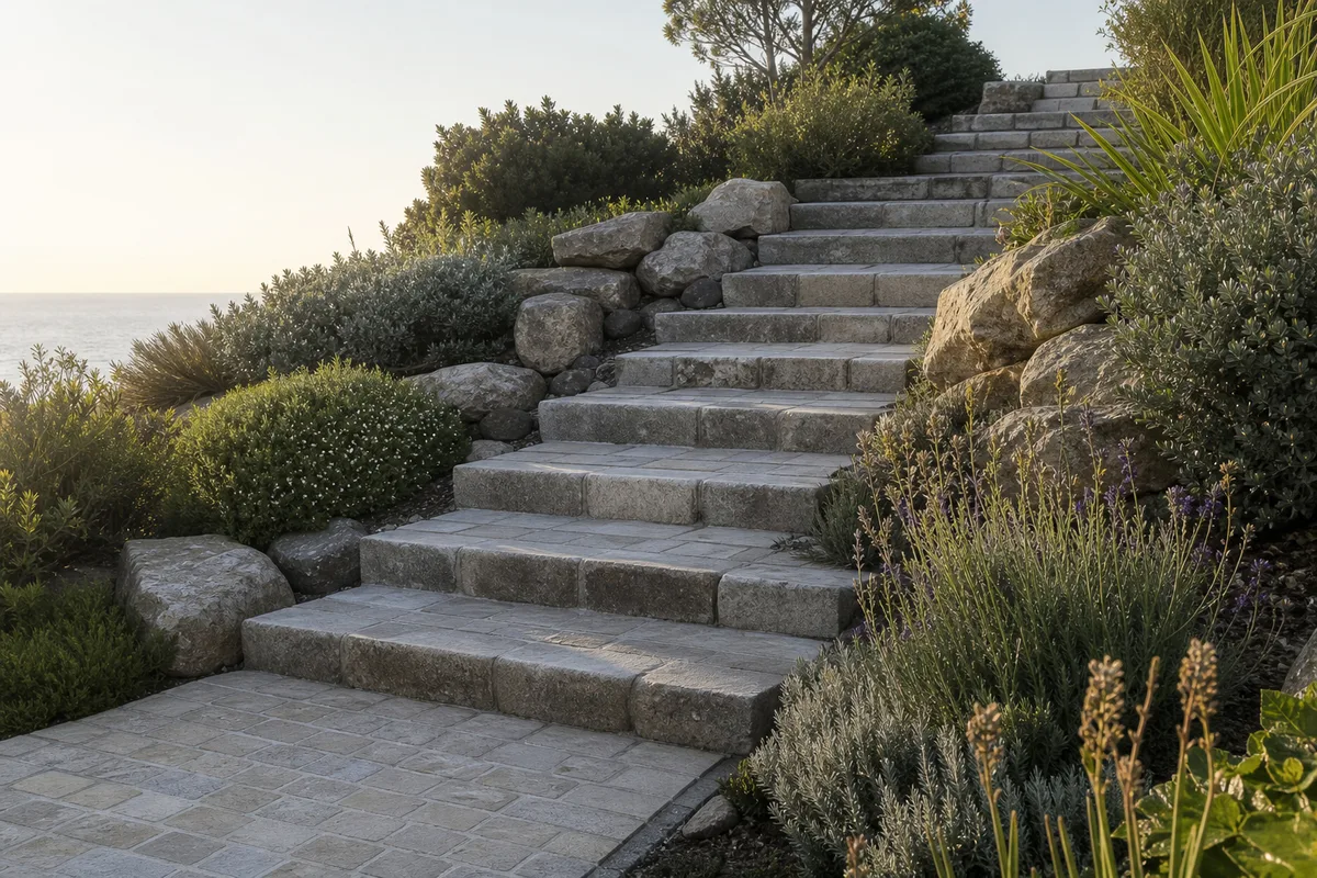 Escalier extérieur en pierre et pavage de jardin près du littoral atlantique à La Rochelle
