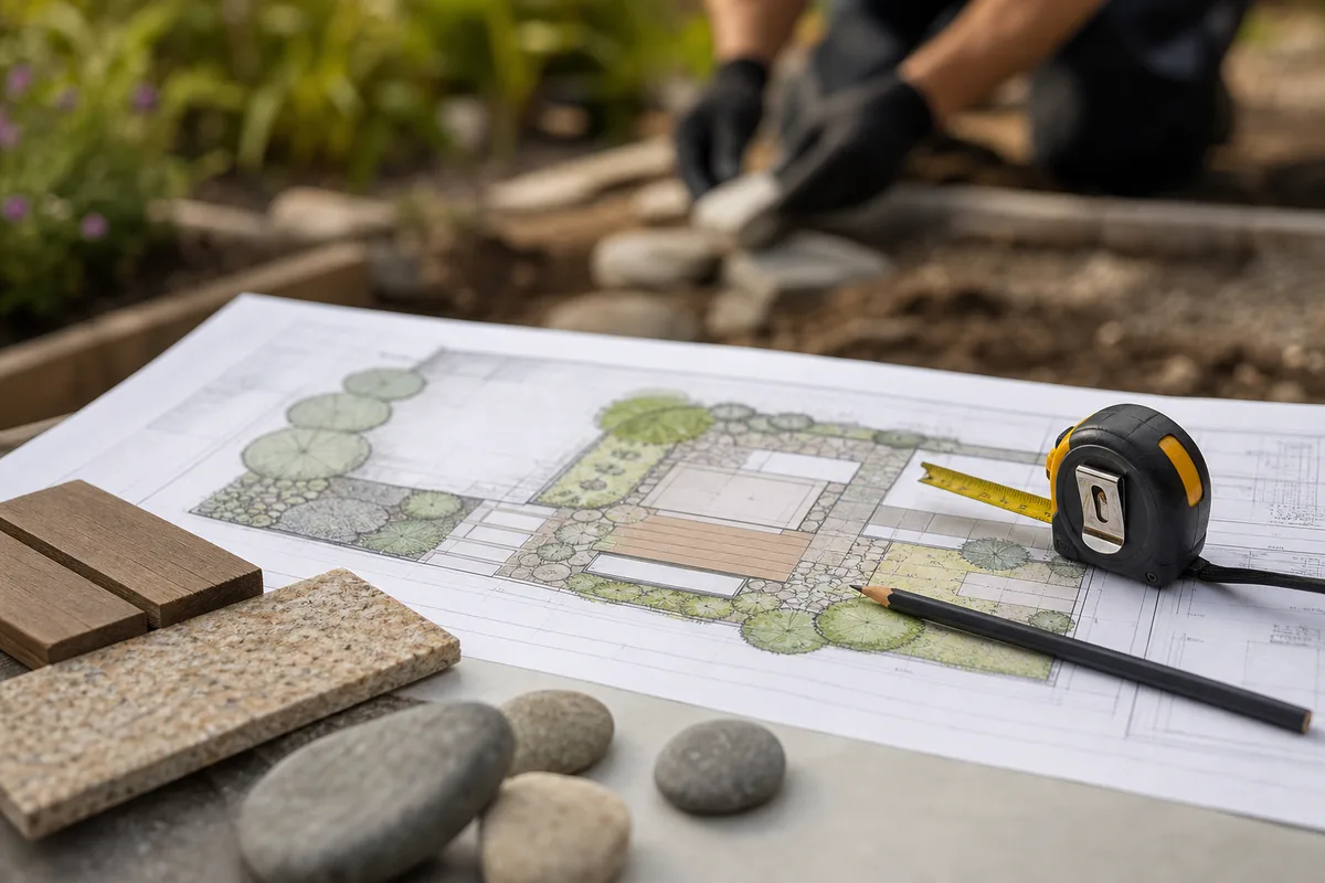 Paysagiste étudiant un plan d’aménagement de jardin en Aunis