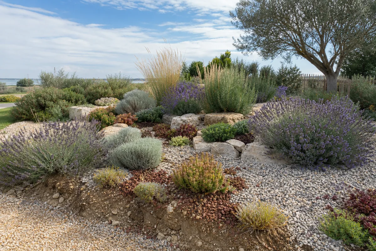 Massif de jardin sec méditerranéen adapté au climat de La Rochelle