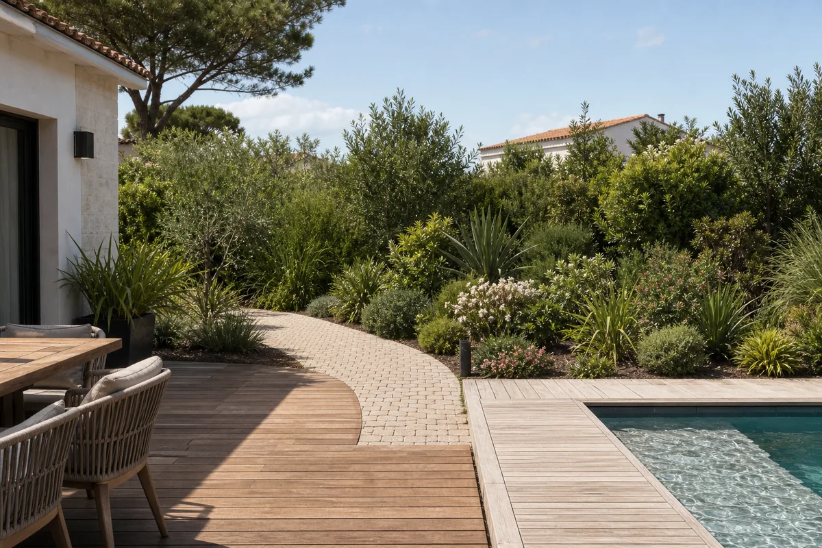 Terrasse en bois, tour de piscine et allée pavée dans un jardin contemporain en bord d&rsquo;Atlantique