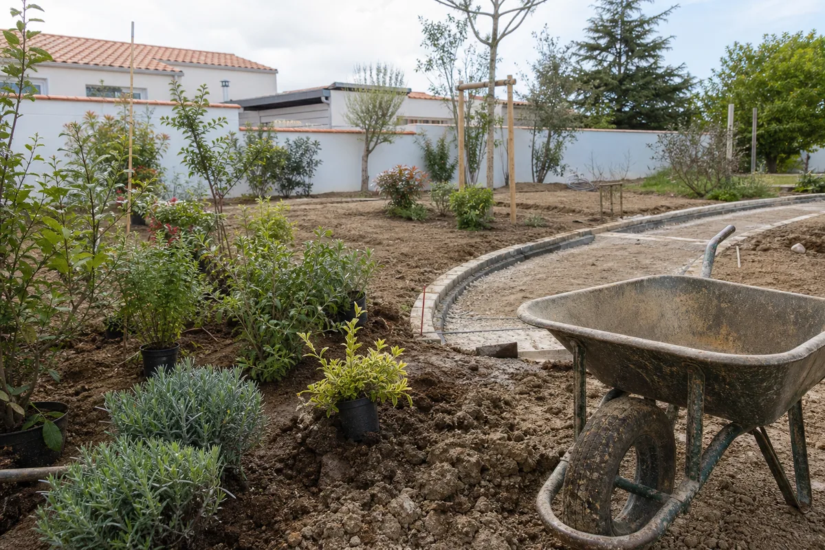 Paysagiste préparant un massif et une allée en cours de réalisation dans un jardin de l&rsquo;Aunis