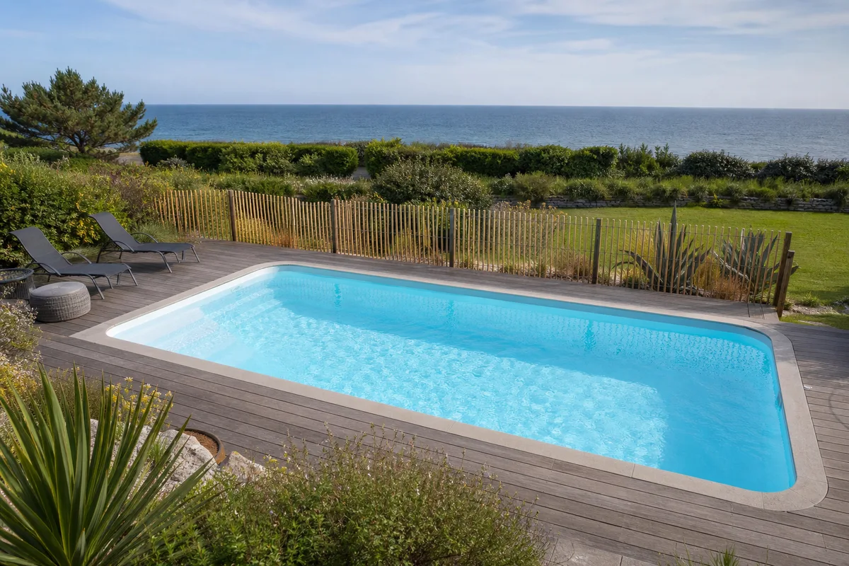 Piscine coque polyester installée dans un jardin d&rsquo;une maison de l&rsquo;Aunis près de La Rochelle