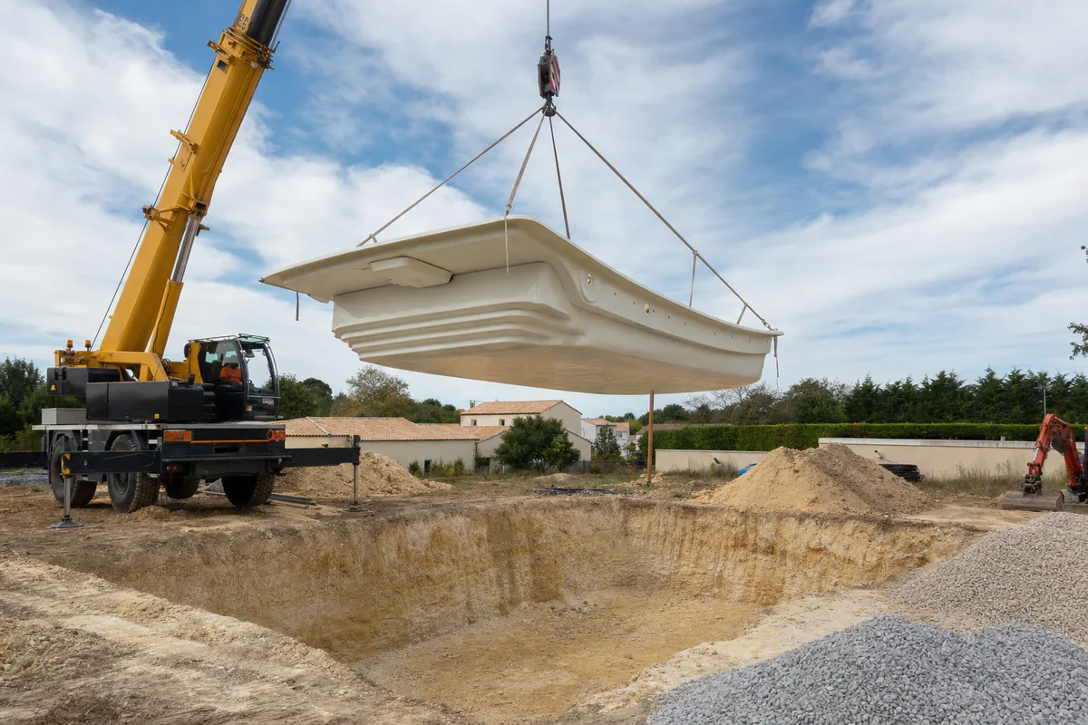 Grutage d&rsquo;une coque polyester au-dessus d&rsquo;une fouille de terrassement sur un chantier de l&rsquo;Aunis
