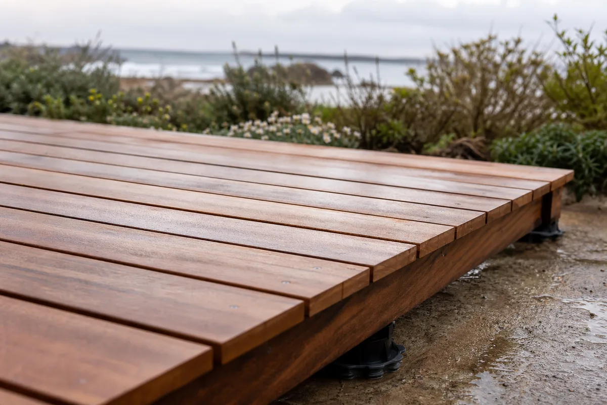 Terrasse en bois exotique posée sur une maison de bord de mer près de La Rochelle